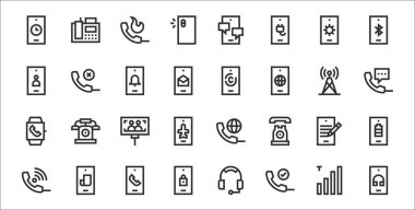 Akıllı telefon, telefon, kilit, telefon, arama, yazma, akıllı telefon, arama, parmak izi gibi 32 adet ince hat simgesi,