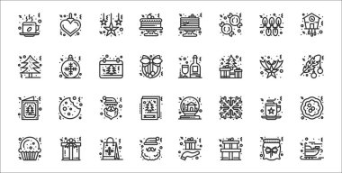 32 noel İnce taslak simge seti kızak, hediye, Noel Baba, fincan kek, kahve fincanı, Noel Baba, yaprak, alkol, noel balosu gibi