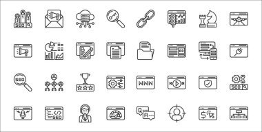 set of 32 internet marketing strategy thin outline icons such as hierarchy, target, performance, podcast, security, ranking, plugins, archive, analysis clipart
