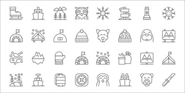 Bıçak, tekne, pusula, kış, milli park, eldivenler, dağlar, Sibirya kurdu, kamp gibi 32 kutup ince dış hat ikonu.