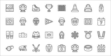 Stadyum, hokey oyuncusu, hokey maskesi, düdük, madalya, forma, takvim, koç, fan gibi 32 hokey ince taslak ikonu