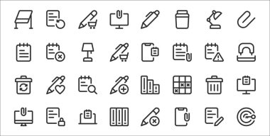 32 çalışma ofisi, anahtar, ataç, klasörler, monitör, çöp, defter, delik delici, defter, dizüstü bilgisayar gibi ana hatlar simgesi