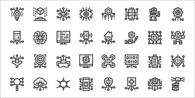 Etkileşim, ilaç, akıllı telefon, arama, pil durumu, sanal gerçeklik gözlüğü, robot, akıllı ev, yapay zeka gibi 32 adet yapay zeka taslak simgesi.