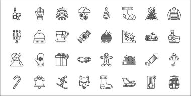 32 kış ince taslak ikonu; teleferik kabini, kızak, kurt, şeker kamışı, havai fişek, hediye, brendi, noel balosu, şapka gibi.