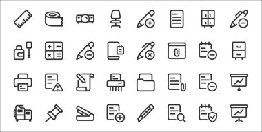 Grafikler, kağıt, ekleme, fotokopi makinesi, dosya, kağıt, dosya dolabı, kalem, hesap makinesi gibi 32 çalışma ofisi ince taslak simgesi seti