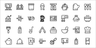 Buzdolabı, kesim tahtası, tava, çaydanlık, kahve makinesi, kepçe, kase, fırın, merdane gibi 32 adet ince taslak simge.