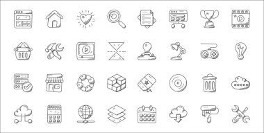 32 web tasarımı ve geliştirme ayarları, bulut indirme, katman, bulut ağı, çöp kutusu, can yeleği, ampul, elektrik akımı, yapılandırma gibi ince tasarım simgeleri