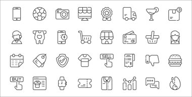 32 bufilot ekommerce set sıcak satış, analitik, bilet, satın alma düğmesi, başparmak aşağı, kalkan, kostüm, dükkan, bebek giysileri gibi ince taslak simgeler