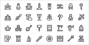 32 ortaçağ eşyası. Yel değirmeni, hazine sandığı, kılıç, yazı, trompet, banjo, yaylı tüfek, miğfer, mızrak gibi ince taslak simgeler.