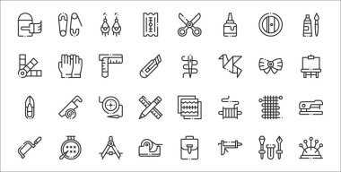 32 diy işçilik seti iğne, kazan tabancası, bant, el testeresi, örgü, sehpa, iğne, eldiven gibi ince taslak simgeler.