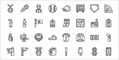 32 beyzbolun ana hatları arasında pantolon, el hareketi, beyzbol eldiveni, sürahi, bilet, yakalayıcı maskesi, ilk yardım çantası, çoraplar, su şişesi gibi 32 adet ikon var.