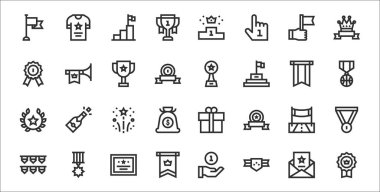 Madalya, madalya, bayrak, çelenk, yarış, havai fişek, madalya, ödül, trompet gibi 32 galibiyet ikonu