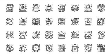 32 noel hediyesi, hediye paketi, çiçek, noel balosu, hediye çantası, alışveriş çantası, kutlama bayrağı, kızak gibi ince simgelerden oluşan bir set.