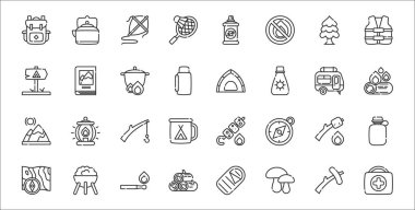 32 yaz kampı ikonu. İlk yardım çantası, mantar, odun, harita, marşmelov, olta, şenlik ateşi, çadır, kitap gibi.