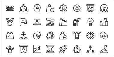 32 takım çalışması. Hedef, bulmaca, kum saati, görev, bir, pasta grafiği, hedef, takım, tik gibi ince taslak simgeler.