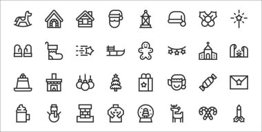 Mum, ren geyiği, Noel süveteri, sıcak çikolata, şeker, mücevher, İsa 'nın doğuşu, zencefilli ekmek adam, çorap gibi 32 adet ince simge.