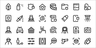 32 polisten oluşan ince taslak simge seti pirinç muşta, silah, yükseklik ruker, hırsız, aranıyor, hapishane, siren, polis emri, suç