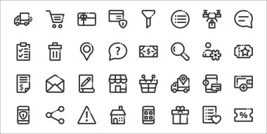 İndirim, hediye kutusu, ev, mobil güvenlik, ödeme yöntemi, belge, fiş, nakit, silme gibi 32 ekommerce temel taslak simge seti