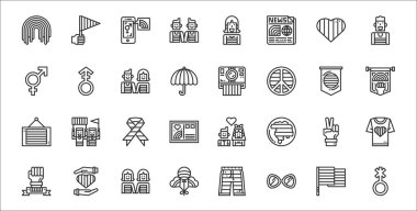 Cinsiyet, güneş gözlüğü, balonlar, gurur, el, kurdele, lgtb, kamera, androgyne gibi 32 kiloluk ince taslak simgeler.