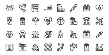 Sabit bisiklet, kulak, alçı, ilk yardım kiti, tıbbi, siren, bakteri, basketbol, DNA gibi 32 sağlık ince taslak ikonu seti