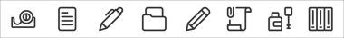 Kayıt cihazı, dosya, kalem, klasör, kalem, kalem, dosya, düzeltici, dizinler gibi 8 çalışma ofisi incecik taslak simgeleri