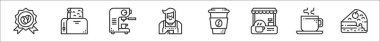 Garanti, tost makinesi, kahve makinesi, barista, kahve fincanı, kabin, kahve fincanı, kek gibi 8 kahve dükkanı ikonu.