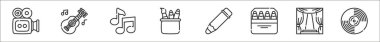 8 güzel sanatlar seti. Kamera, gitar, quaver, kırtasiye, kalem, kalem, sahne, vinil gibi ince taslak simgeler.