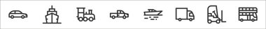 8 araç seti ve araç, gemi, tren, kamyonet, kamyon, forklift, çift katlı otobüs gibi ince taslak simgeler