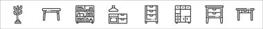 8 mobilya seti. Vestiyer, yemek masası, raflar, mutfak, çekmece, dolap, komodin, mutfak masası gibi ince taslak ikonlar.