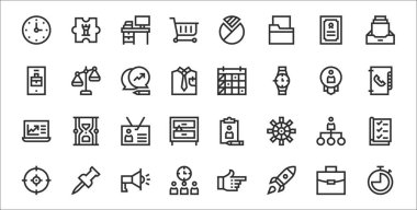 Kronometre, roket, takım, hedef, baş, rozet, telefon rehberi, takvim, ölçek gibi 32 yönetim ince taslak simgesi