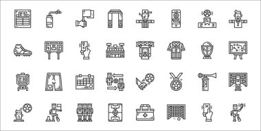 Futbol, gol, futbol sahası, kafa vuruşu, boynuz, takvim, strateji, fan, skorbord gibi 32 futbol ince taslak ikonu