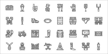 32 Amerikan futbolunun ana hatları arasında şişe, gaiter, sedye, madalya, beyaz tahta, dolap, koltuk, rugby sahası, ölçü