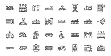 32 toplu taşıma seti. Tramvay, mobil, çift katlı otobüs, otobüs, geçit, kart, uçak, metro, elektrikli araba gibi ince taslak simgeler.