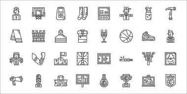 Rozet, kupa, skor tahtası, megafon, spot ışığı, podyum, hakem, antrenman, stadyum gibi 32 basketbol ince taslak ikonu.