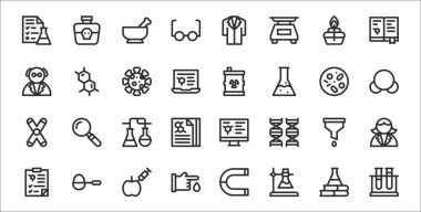 Test tüpü, matara, kan, rapor, filtre, kimya, molekül, atık, molekül gibi 32 laboratuvar incecik taslak simgesi seti