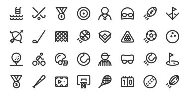 Rugby, skor tabelası, basketbol, ikincilik, tenis topu, rugby kaskı, bowling topu, beyzbol sahası, golf kulübü gibi 32 spor ikonu.