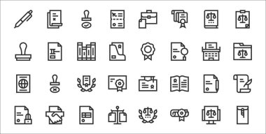 Mühürlü, sözleşmeli, sözleşmeli, belgeli, hibe, klasör, mühür, kural gibi 32 yasal belgeden oluşan ince özet simgesi