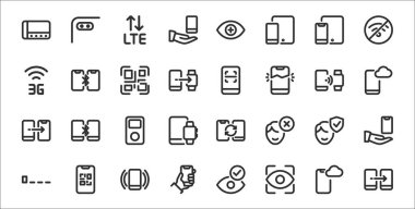 32 telefon ve cep telefonu seti. Aktarım, göz tarayıcı, akıllı telefon, düşük yüz tanıma, müzik çalar, mobil bulut, akıllı telefon, bozuk akıllı telefon gibi ince taslak simgeler.