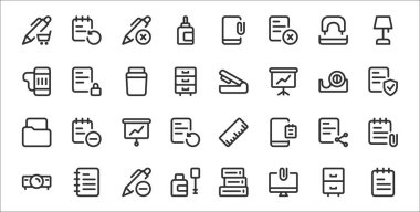 Not defteri, monitör, düzeltici, projektör, kağıt, grafik, sigorta, zımba, kağıt gibi 32 çalışma ofisi ince taslak simge seti