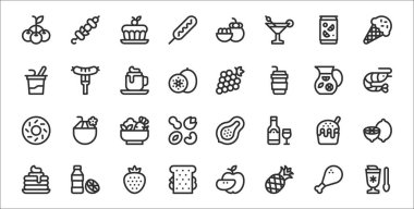 32 yaz yemeği ve milkshake, ananas, sandviç, krep, dondurma, salata, karides, üzüm, sosis gibi ince taslak ikonlar.