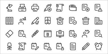 Alarm saati, dosya, defter, ofis sandalyesi, bulmaca, makina, ofis binası, geri dönüşüm kutusu, grafik kutusu gibi 32 çalışma ofisi, ince taslak simge seti