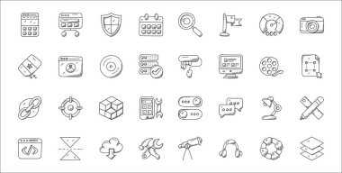 Katman, kulaklık, yapılandırma, web geliştirme, masa lambası, ds, grafik dosyası, boya aracı, kullanıcı gibi 32 web tasarımı ve geliştirme ince tasarım simgeleri