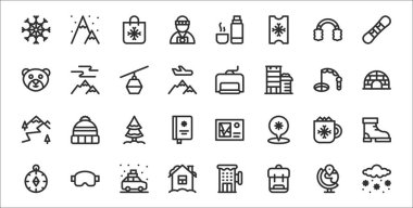 Kar, sırt çantası, ev, pusula, çikolatalı süt, ağaç, iglo, kayak asansörü, aurora borealis gibi 32 kış yolculuğu ikonu.