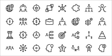 Para, para, fikir, grup, para, hedef, hiyerarşi, hiyerarşi, grup gibi 32 işletme ince taslak simge seti