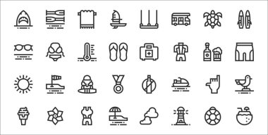 Hindistan cevizi içeceği, deniz feneri, plaj, dondurma, shaka, sörfçü, mayo, ilk yardım çantası, bikini gibi 32 adet ince sörf simgesi.