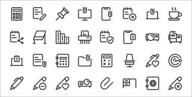 Kalem, çalışma masası, projektör, kalem, kalem, güvenli kutu, fotokopi makinesi, defter, beyaz tahta gibi 32 çalışma odası ince taslak simgesi seti