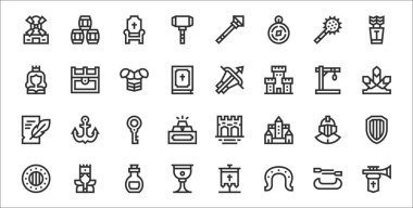 32 ortaçağ eşyası. Trompet, at nalı, kadeh, kalkan, miğfer, anahtar, kristal, arbalet, hazine sandığı gibi ince taslak simgeler.