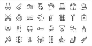 Kesici, iplik topu, tornavida, boya silindiri, boya kovası, sehpa, el çantası, sprey boya, dikiş gibi 32 dikişlik ince taslak simge seti.