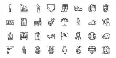 Ceket, madalya, göğüs koruması, beyzbol, beyzbol, ilk yardım çantası, sürahi, forma, pantolon gibi 32 adet ince çizgi ikonu.