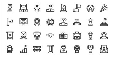 Kazanan, madalya, bayrak, bira, kupa, kupa, bayrak, podyum, diploma gibi 32 kazanan ince taslak ikonu